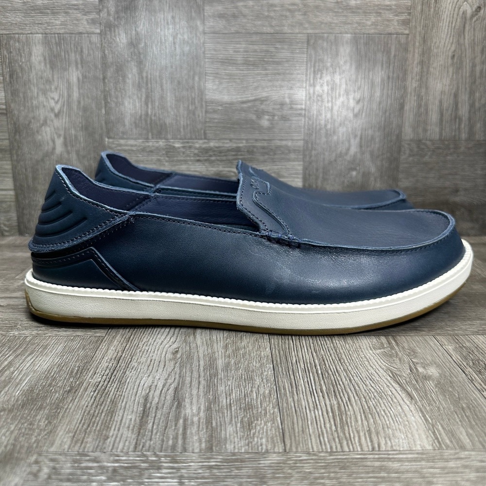 OluKai Kakaha Nia Mens 10.5 Navy Blue Leather Slip On Loafers NEW